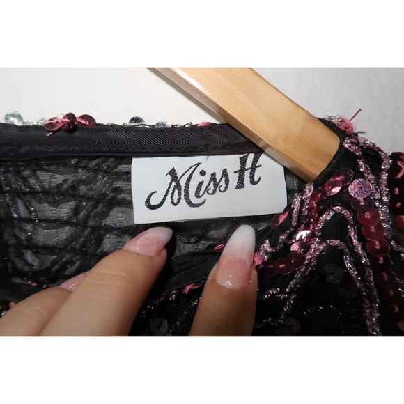 Unique 80s Vintage Studio 54 Black Purple Sequin Zigzag Batwing Disco Large - Picture 7 of 8